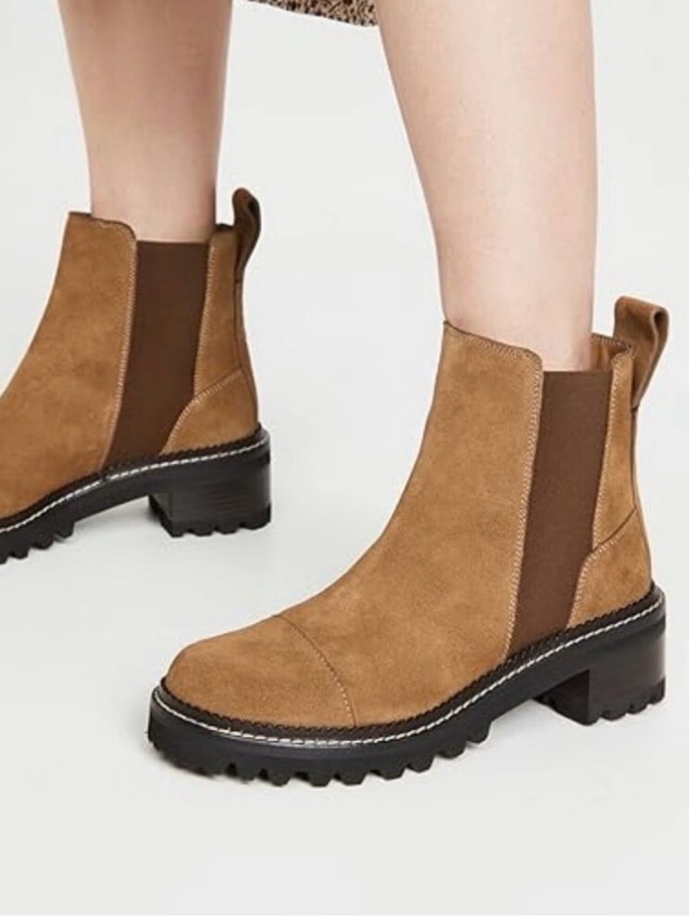 See by Chloé Mallory Chelsea Suede Ankle Booties Lug Sole Camel Size EU 40/US 10